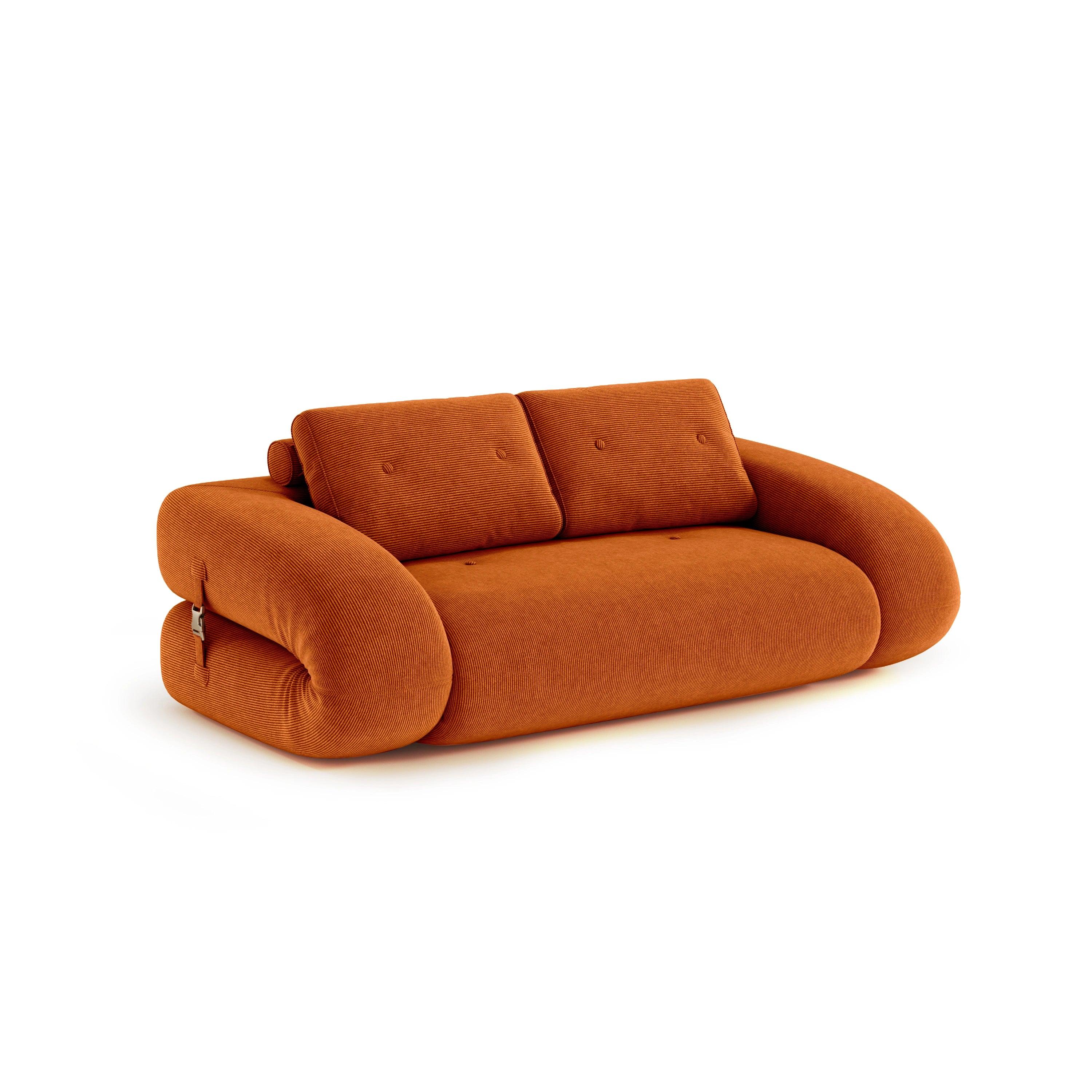 Flippo Sofa Bed in Orange color – sculptural design with plush corduroy, convertible to bed, modern furniture style